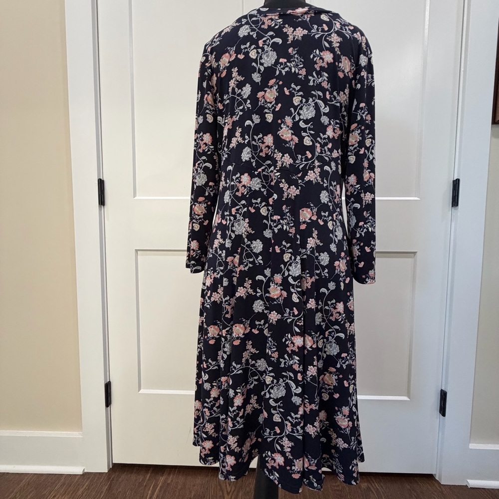 Karen Kane 3/4 Length Sleeves Navy Dress with Pink & Gray Floral Print - Picture 2 of 4